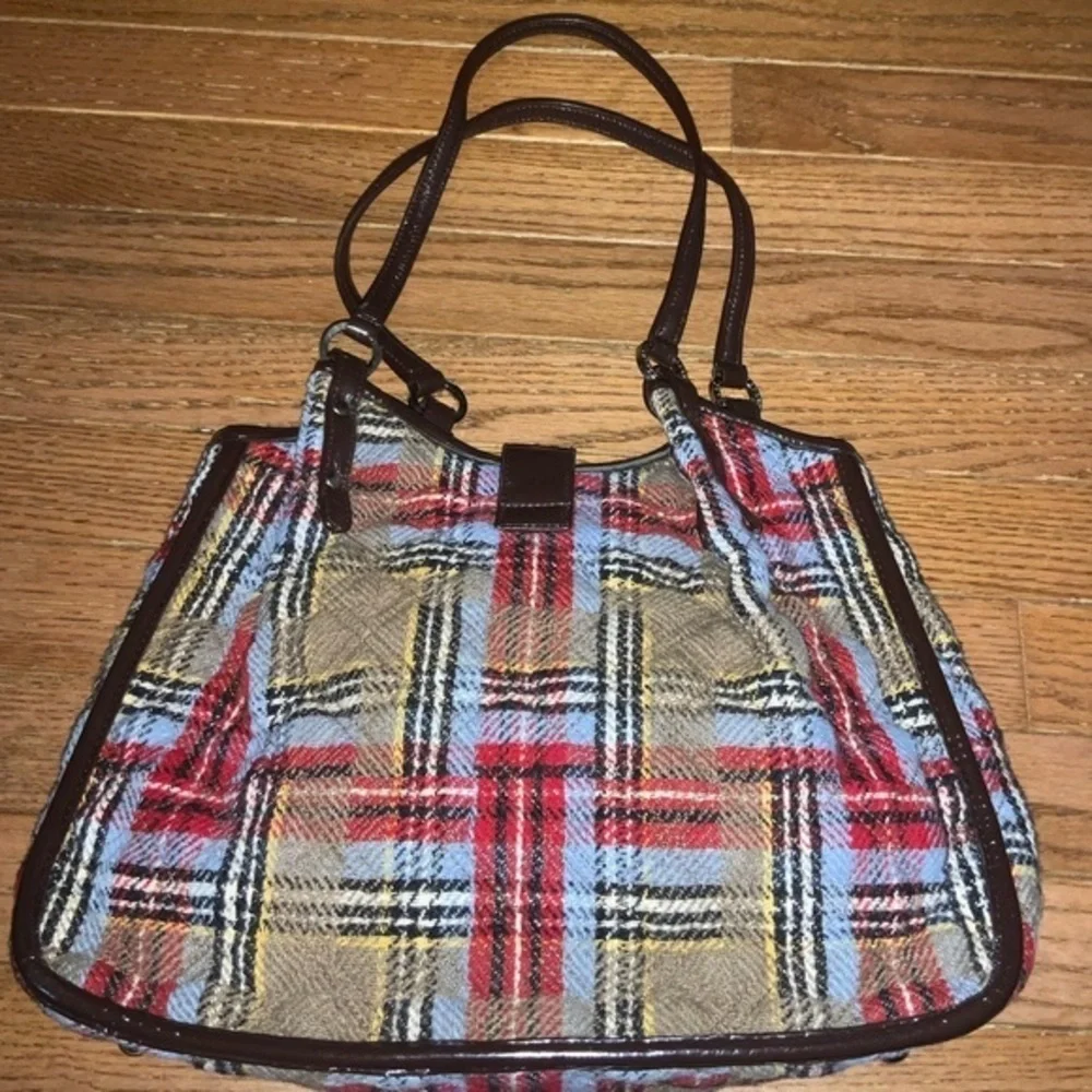 Vera Bradley Dual Strap Quilted Plaid Shoulder Bag Red, Blue, Tan - Picture 5 of 15